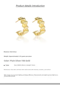 Detail view of wavy 18k gold S925 silver stud earrings showing 20mm x 13mm dimensions