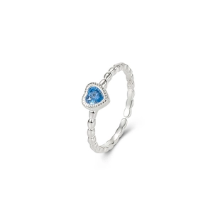 Adjustable S925 sterling silver heart ring with blue zircon and twist band design