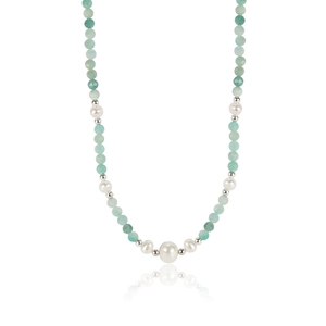 Baroque pearl and amazonite S925 sterling silver beaded necklace on white background