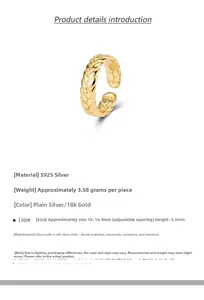 Detail of S925 sterling silver wheat grain ring in 18k gold finish with size specs