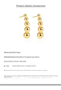 Detailed view of graduated S925 silver golden bead drop earrings with size 8x30mm specs