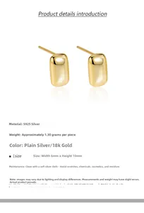 Detailed view of S925 silver 18K gold polished minimalist rectangular stud earrings