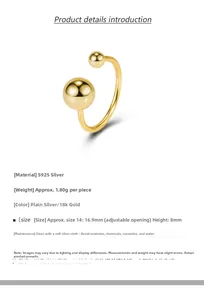 Detail of adjustable S925 sterling silver open ring with double beads in 18k gold finish
