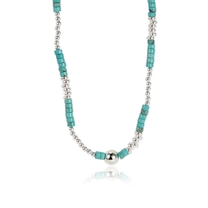 Handmade S925 silver turquoise necklace with polished metallic beads and center ball detail