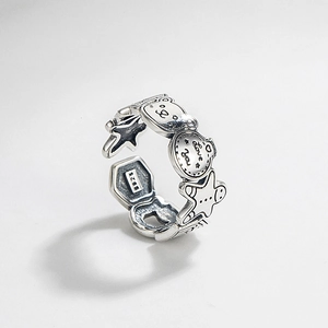 Retro S925 sterling silver gingerbread man and love alarm clock adjustable open ring