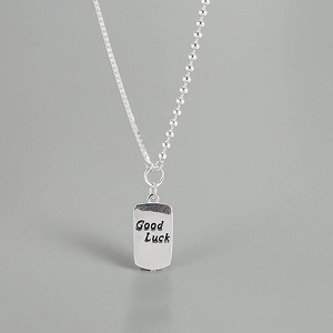 Minimalist S925 sterling silver Luck necklace with rectangular pendant and mixed chain