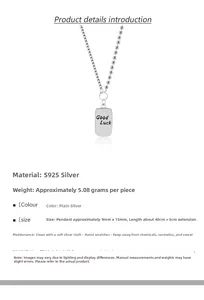 Macro view of S925 sterling silver rectangular pendant with Good Luck engraving