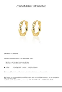 Detail of S925 silver 18k gold earrings with rice grain texture and 15mm dimensions