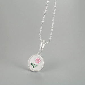 Elegant S925 sterling silver beaded chain with a pink tulip flower round pendant