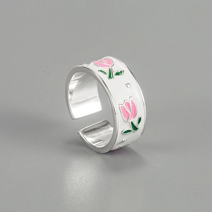 S925 Sterling Silver Tulip Flower Open Ring For Women Enamel Floral Adjustable Minimalist Fashion Jewelry Dating Gift