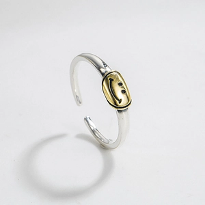 Minimalist 925 sterling silver smiley face ring with two-tone adjustable open design
