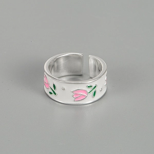 S925 sterling silver tulip flower open ring with pink enamel and green leaf design