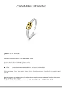 Detailed view of S925 sterling silver adjustable ring with a golden oval smiley face charm