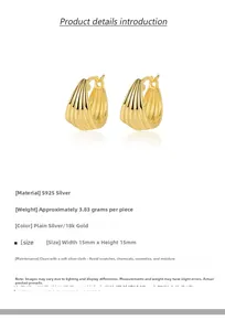 Detailed specs of S925 sterling silver curved earrings with 18K gold coating 15x15mm