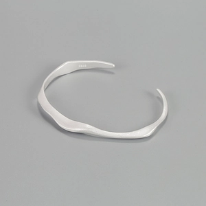 Jonc Argent Sterling S925 Irrégulier Vague Minimaliste Mat Sablé Réglable Ouvert Bracelet Bijoux de Mode pour Femmes