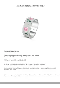Macro detail of S925 sterling silver tulip ring with pink enamel flowers and green leaves