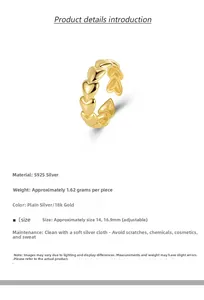 Detail of 18K gold S925 silver heart ring showing 1.62g weight and 16.9mm adjustable size