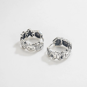 Retro 925 sterling silver hoop earrings with vintage cartoon engravings and dark finish