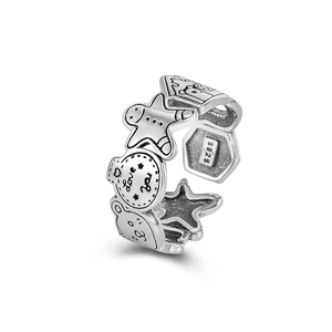 S925 sterling silver gingerbread man open ring with cute cartoon bear and star charms