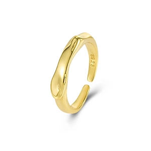 Minimalist S925 sterling silver irregular wavy open ring with liquid metal texture gold