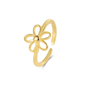 Adjustable S925 sterling silver hollow flower ring with elegant gold finish for women