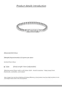 Dettaglio del bracciale in argento S925 con perline e placca rettangolare Lucky incisa