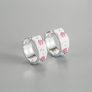 S925 Sterlingsilber Tulpen Blume Creolen Emaille Rosa Floral Kleine Huggie Ohrringe Für Damen Täglich Koreanischen Stil Schmuck Geschenk