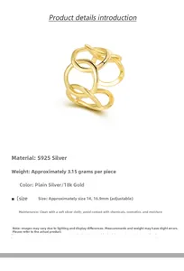 Detail specifications for S925 silver hollow ring with weight and adjustable size details