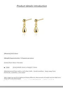 Dettaglio di orecchini a goccia in argento S925 dorato con dimensioni 4mm x 13mm