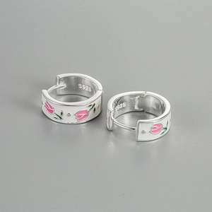 S925 Sterling Silber Tulpen-Ohrringe mit rosa und grünem Emaille-Blumendesign