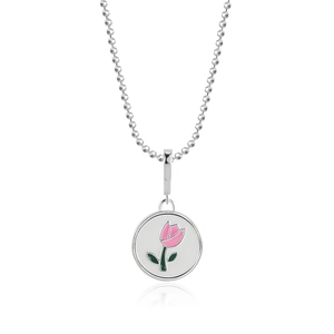 S925 sterling silver tulip pendant necklace with pink enamel on a ball chain