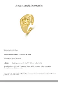 Macro shot of S925 sterling silver angel relief ring with detailed product specs