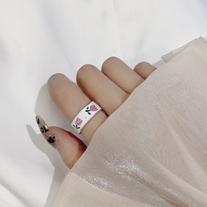 S925 sterling silver open ring featuring pink tulip enamel on wide white band