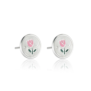 S925 Sterling silver tulip earrings with white enamel and pink flower pattern