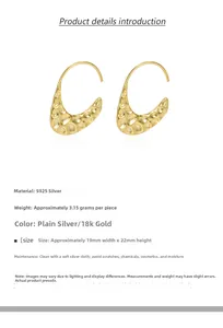Detail of S925 sterling silver earring featuring textured hammered surface and gold finish