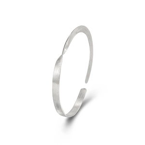 Minimalist 925 sterling silver open bangle with matte brushed finish and twisted design