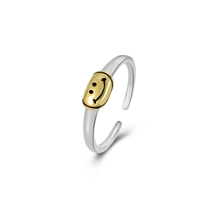 Minimalist 925 sterling silver smile face open ring with 18K gold plated oval pendant