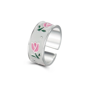 Minimalist S925 silver open ring with pink enamel tulip flower and green leaf design