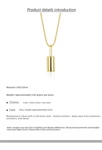 Detail of S925 silver cylinder pendant necklace with 50cm bead chain and size specs