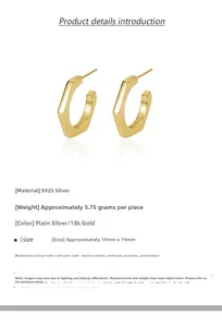 Macro view of S925 sterling silver hexagonal gold hoop earrings with 19mm diameter