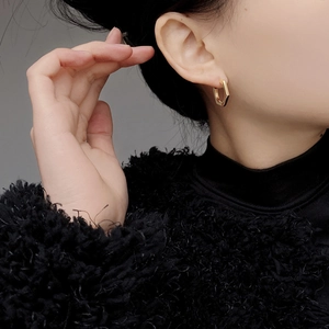 Elegant geometric hexagonal S925 sterling silver hoop earrings in polished gold finish