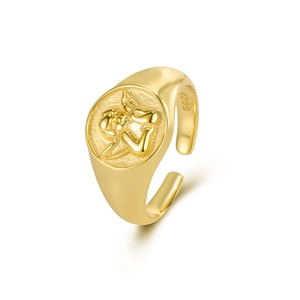 S925 sterling silver gold plated ring with angel relief and adjustable open design