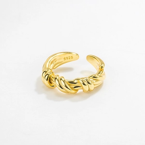 925 Sterling Silver Double Layer Twisted Rope Open Ring For Women Minimalist Adjustable 18K Gold Plated Croissant Finger Ring