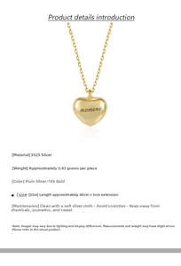 Detail of S925 silver heart necklace showing 40cm chain and 3.42g weight specifications