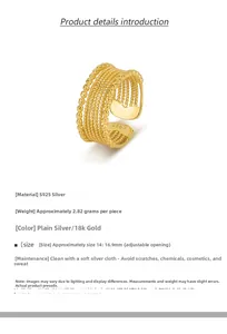 Macro view of S925 sterling silver woven ring with 18K gold plating and size specs