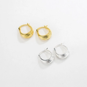 Minimalist S925 sterling silver triple-line textured hoop earrings in gold and silver