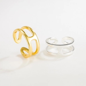 Anelli aperti a forma di H in argento S925, finiture lucide in oro e argento, regolabili
