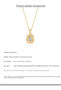 Detail of gold S925 silver necklace featuring a rectangular emerald-cut zircon pendant