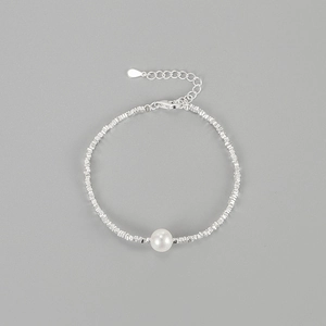 Vintage S925 sterling silver geometric bracelet with baroque pearl and irregular silver bits