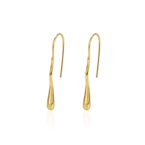 Polished gold drop earrings in a unique wavy water drop design on white background
